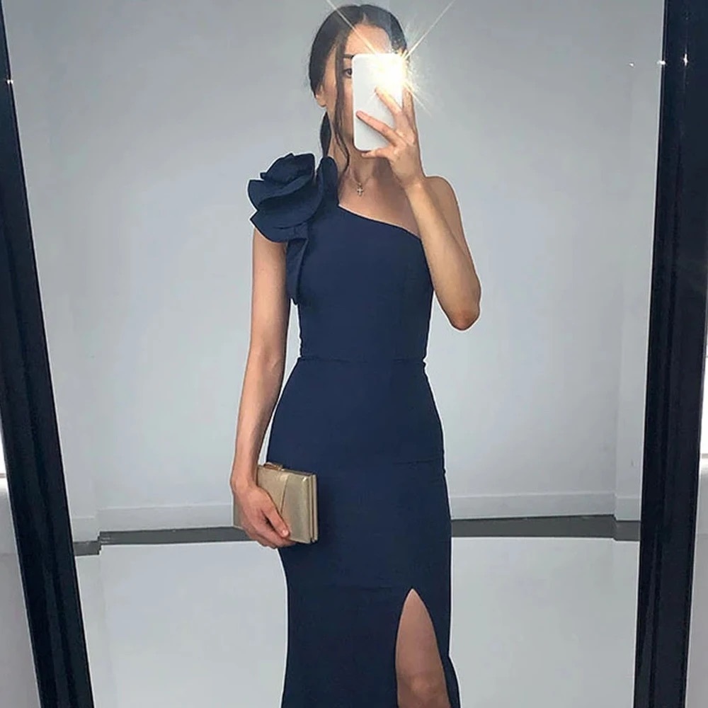 Elegant One-Shoulder Navy Dress with Floral Accent